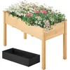 A wooden raised garden bed filled with flowers and a black fabric liner placed below it, all on a white background. Produktbild-Vorschau