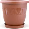 A terracotta-colored plastic planter with a decorative band and a matching saucer, presented against a white background. Produktbild-Vorschau