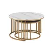 A nesting set of round coffee tables with marble-effect tops and gold metal frames, presented against a white background. Produktbild-Vorschau