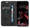 A black flip-style phone case is open, revealing card slots and a phone screen displaying the time and date. Produktbild-Vorschau