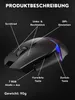 A black gaming mouse with RGB lighting, with labels pointing to its features. Produktbild-Vorschau