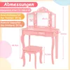 A pink children's vanity set with a mirror and stool, with dimensions and weight capacity information overlaid. Produktbild-Vorschau