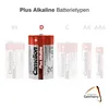 A display of different sizes of Camelion Plus Alkaline batteries, with the 'D' size battery prominently featured. Podgląd zdjęcia produktu