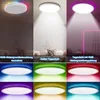 A collage of images showing a modern LED ceiling light in various lighting modes and colors. Produktbild-Vorschau