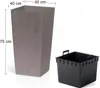 A tall, square planter and a separate black insert are shown against a white background. Dimensions are indicated with text. Náhľad obrázku produktu