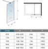 Diagrams and a table showing dimensions for a shower wall. Produktbild-Vorschau