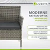 A close-up marketing image of a grey rattan garden bench with descriptive text overlays highlighting its features. Náhled obrázku produktu