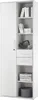A tall, narrow white cabinet with a door on the left and shelves and drawers on the right, filled with books and decorative items. Produktbild-Vorschau