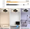A collage showing a modern LED ceiling light in different room settings and color temperatures, along with a remote control and color temperature sliders. Produktbild-Vorschau