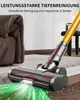 A cordless vacuum cleaner head is shown cleaning a carpet with green light effects indicating suction. Produktbild-Vorschau