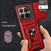 A hand holding a red smartphone case with a camera cover and ring holder. Produktbild-Vorschau