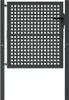 A dark gray metal garden gate with a grid pattern, mounted between two posts. Náhled obrázku produktu