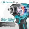 Close-up marketing image of a cordless impact wrench, highlighting its brushless motor and compact size with text overlays. Produktbild-Vorschau