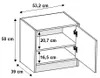 A diagram showing the dimensions of a cabinet with two shelves and two doors. Produktbild-Vorschau