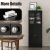 A tall black cabinet with glass doors and shelves, displaying kitchenware. The image also includes close-ups of magnetic catches and easy-to-grip knobs. Podgląd zdjęcia produktu