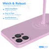 A close-up of a purple phone case with liquid being poured onto it, creating ripples. Text overlays describe the features of the case. Produktbild-Vorschau