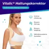A woman wearing a posture corrector, with text and icons highlighting product benefits. Anteprima dell’immagine prodotto