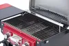 A close-up view of a red gas grill with its lid open, showing the cooking grates and a warming rack. Produktbild-Vorschau