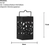 A black decorative lantern with a cut-out pattern, shown with dimensions and product information. Podgląd zdjęcia produktu