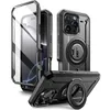 Multiple views of a black iPhone case with a built-in ring stand and MagSafe compatibility. Produktbild-Vorschau