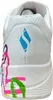 The back view of a white athletic shoe with colorful graphic designs. Produktbild-Vorschau