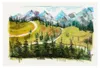 A pastel drawing of a mountain landscape with a winding path and trees. Náhľad obrázku produktu