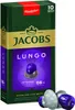 A product box of Jacobs Lungo Intenso coffee capsules, with some capsules shown next to it. Produktbild-Vorschau