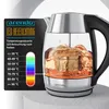 A glass and stainless steel electric kettle with water inside, displayed next to a marketing graphic showing temperature-controlled LED lighting. Produktbild-Vorschau