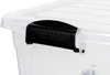A close-up shot of the black latch on a clear plastic storage box. Produktbild-Vorschau