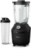 A black Philips blender with a glass jug and a transparent shaker cup are shown on a white background. Náhľad obrázku produktu
