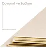A close-up view of stacked beige material, possibly for a cat tree, with text overlays. Produktbild-Vorschau