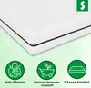 A white mattress with black trim against a light green background, featuring three circular icons with text below them. Produktbild-Vorschau