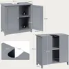 Multiple views of a gray bathroom vanity cabinet with dimensions shown. Produktbild-Vorschau