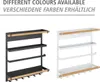 Two magnetic kitchen shelves, one black and one white, are displayed side-by-side against a white background. Both shelves feature wooden accents and hooks for hanging items. Voir les images du produit