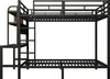 A black metal bunk bed with a desk and shelves on the left side, shown against a white background. Náhled obrázku produktu