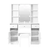 A white vanity table with a mirror, lights, shelves, drawers, and a stool, set against a white background. Podgląd zdjęcia produktu