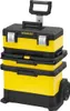 A Stanley rolling toolbox with multiple compartments and a retractable handle. Voir les images du produit
