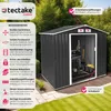 A dark gray garden shed with white trim, set in a garden with green grass and trees in the background. The shed is open, showing gardening tools inside. Text overlays highlight features. Náhled obrázku produktu