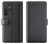 A black leather flip case for a smartphone, shown from the front and back. Produktbild-Vorschau