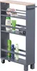 A narrow shelving unit with wheels, designed for storage, is shown against a white background. It contains various toiletries and bath products. Podgląd zdjęcia produktu