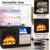 A TV stand with an electric fireplace and storage compartments, shown with and without a shelf, and with dimensions indicated. Podgląd zdjęcia produktu