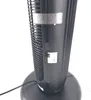 Close-up view of the base and lower body of a black tower fan. Voir les images du produit