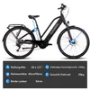 An electric bicycle with measurement indicators and a text-based specification table. Produktbild-Vorschau
