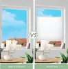 A split image showing a window with and without a pleated blind installed. The left side shows an open window with a view of the sky and rooftops, while the right side shows the same window with a white pleated blind covering most of it. Both sides feature Produktbild-Vorschau