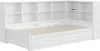 A white multifunctional bed with integrated shelving and drawers. Produktbild-Vorschau