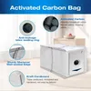 A diagram illustrating the features of an activated carbon bag, with close-ups of its components and materials. Produktbild-Vorschau