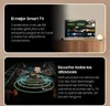 A split image showing a Samsung Smart TV with its interface and a graphic representation of sound waves emanating from speakers. Produktbild-Vorschau