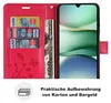 A red flip cover wallet case for a smartphone, showing card slots and a bill compartment, with a smartphone inserted. Produktbild-Vorschau