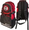 A red and black backpack is shown from the front and back. Produktbild-Vorschau