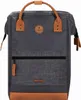A front view of a dark gray backpack with brown leather accents and straps. Anteprima dell’immagine prodotto